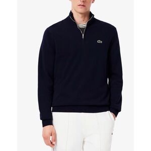 Lacoste Mens Navy Blue 100% Wool Quarter Zip Sweater AH3052 Size 4 M Classic Fit